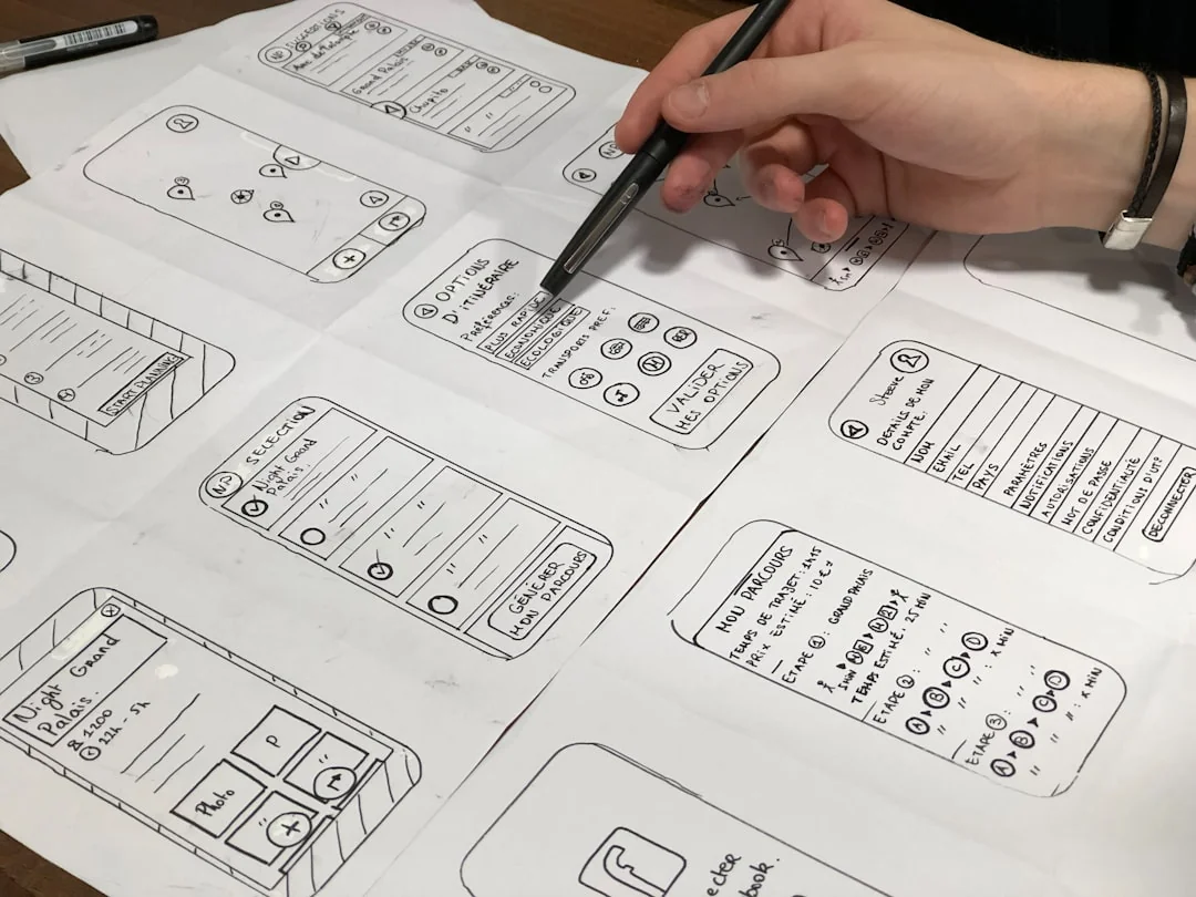 Un espace de travail soigné montrant un carnet de croquis avec des wireframes, un smartphone et un clavier sur un bureau en bois.